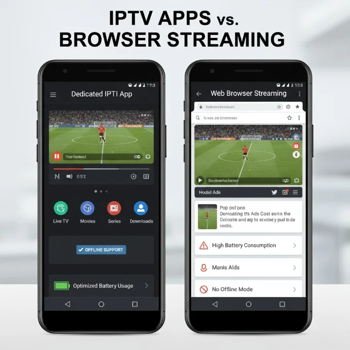 Side-by-side comparison of IPTV app interface and browser streaming on a smartphone