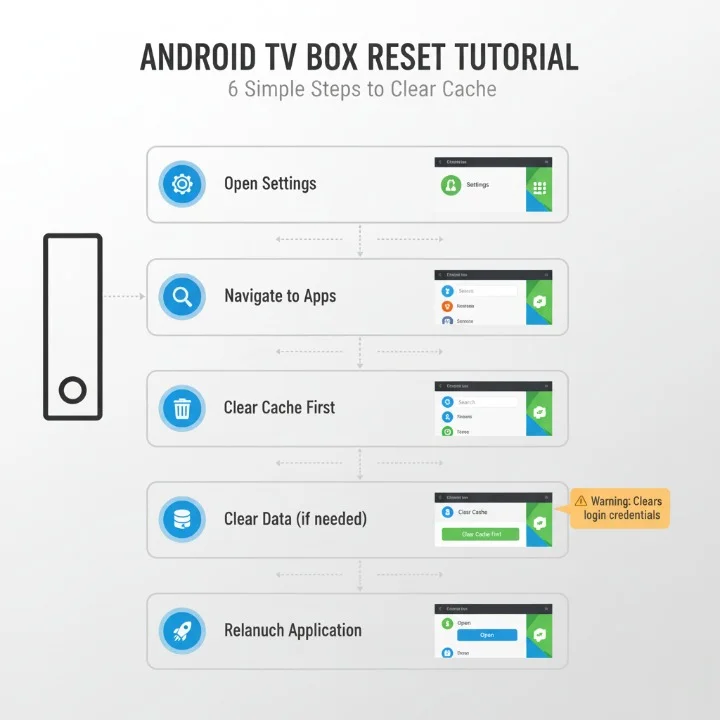 Android TV box reset tutorial showing six step by step instructions from opening settings to clearing IPTV app cache and data