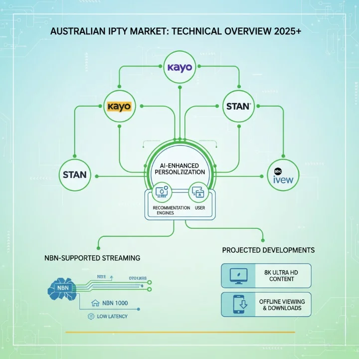 Infographic showing the future of Australia's IPTV market with major licensed providers, AI-driven streaming, and NBN connectivity trends.