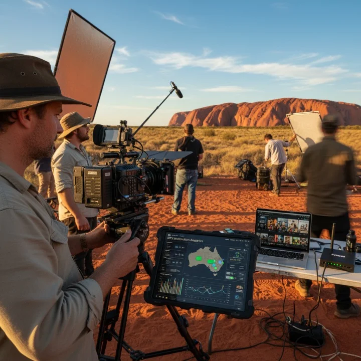 Australian film production set showing IPTV streaming distribution technology integration with traditional filmmaking outback location