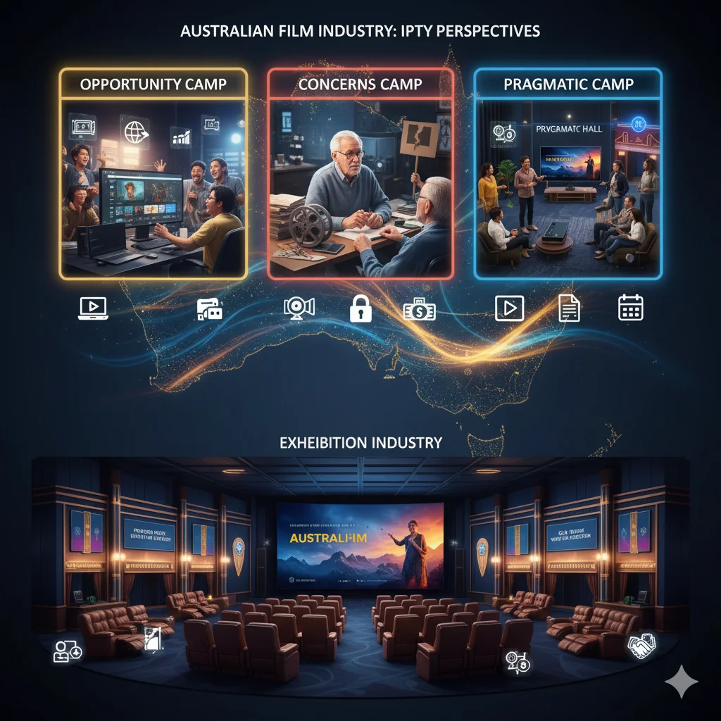 Infographic showing Australian filmmakers’ perspectives on IPTV distribution — opportunity, concern, and pragmatic camps — alongside cinemas adapting through premium experiences and event screenings.