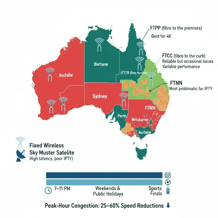Infographic showing Australia’s NBN technologies (FTTP, FTTC, FTTB, FTTN, Fixed Wireless, Sky Muster) and their impact on IPTV freezing, plus peak-hour congestion patterns.