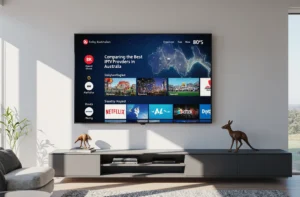 Bold keyword “Comparing the Best IPTV Providers in Australia” displayed on a smart TV screen in a modern Australian living room with IPTV interface and channel icons.