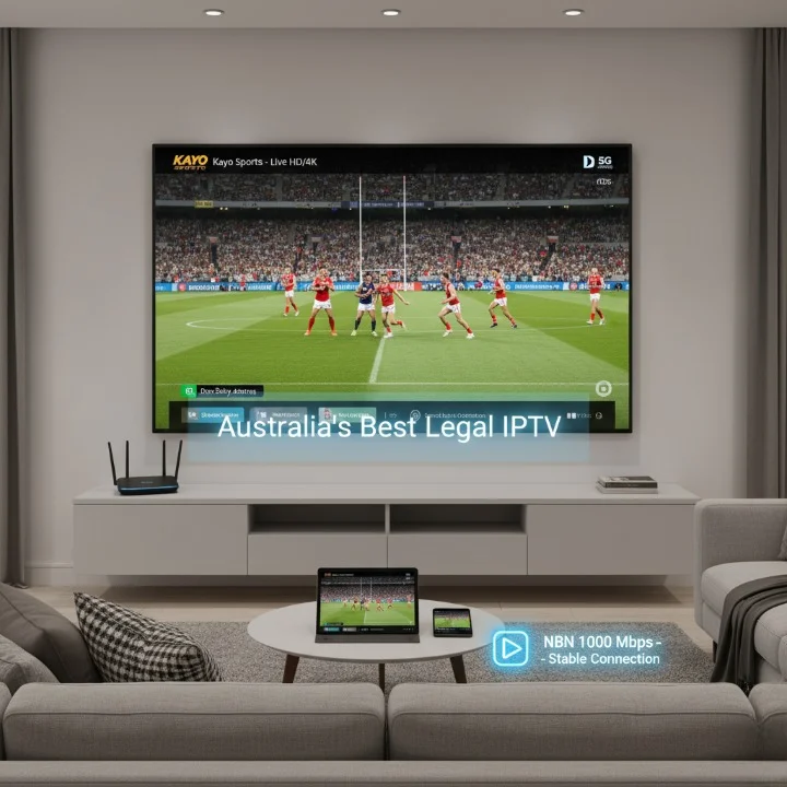 Smart TV streaming live AFL and cricket via licensed IPTV in Australia, showing high-definition legal sports viewing with NBN and 5G connection.