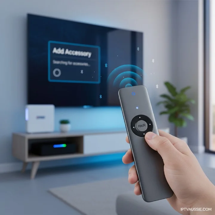 Bluetooth remote pairing process on Android TV box showing on-screen menu and remote