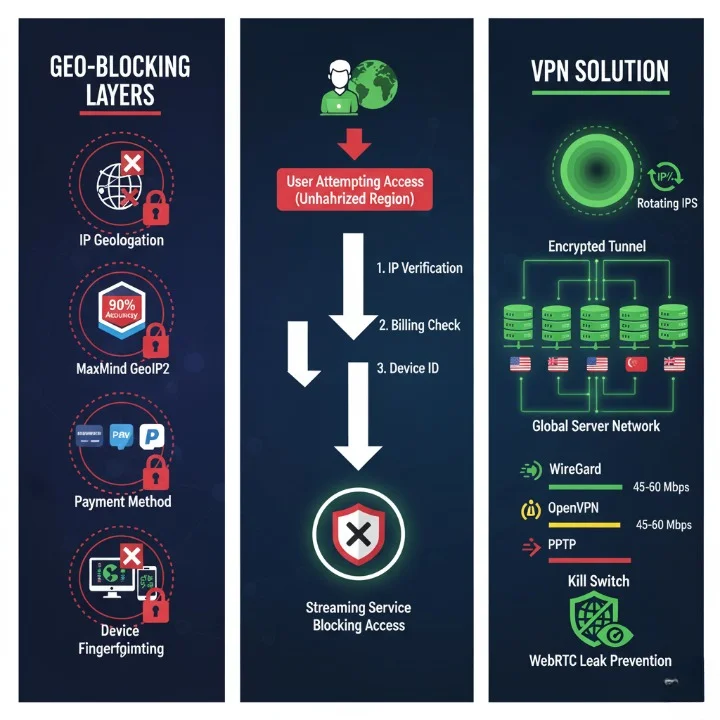 Does IPTV work internationally - infographic showing global IPTV access from Australia with VPN connection, streaming compatibility across continents, and geo-blocking technology visualization