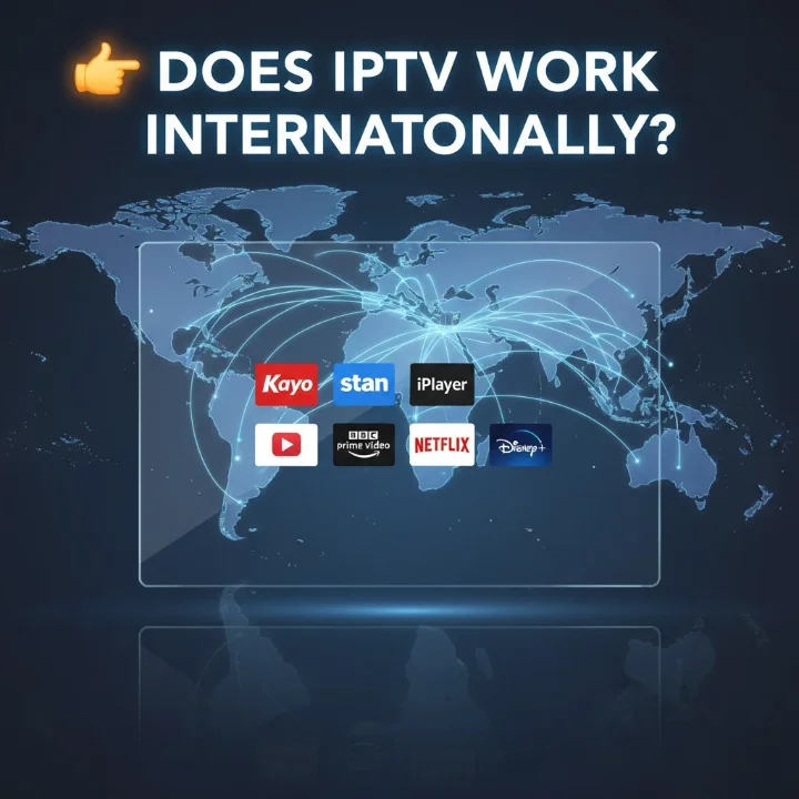 Does IPTV work internationally – illustration of global IPTV streaming connections from Australia using VPN and legal services.