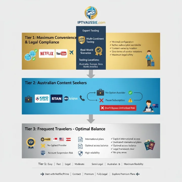 Expert recommendations for international IPTV streaming: Three-tier guide from IPTVAUSSIE.com showing Tier 1 globally licensed services (Netflix, Prime Video, YouTube), Tier 2 Australian content seekers contacting providers directly, and Tier 3 frequent travelers with international plans. Includes testing results, legal compliance recommendations, and best practices for international IPTV access
