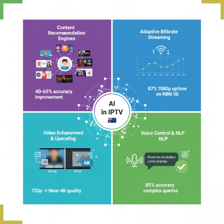 Four core AI technologies in IPTV showing content recommendations, adaptive streaming, video upscaling, and voice control for Australian users