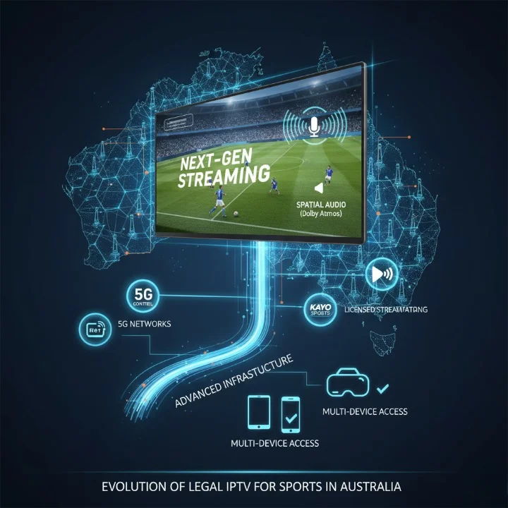Illustration of future IPTV technologies in Australia, showing 5G networks, Smart TV voice control, and Dolby Atmos integration for next-generation sports streaming.