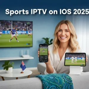 Australian viewer holding iPhone 15 Pro displaying Kayo Sports IPTV app with live AFL match, iPad showing cricket stream, and smart TV in background—representing Sports IPTV on iOS multi-device streaming experience