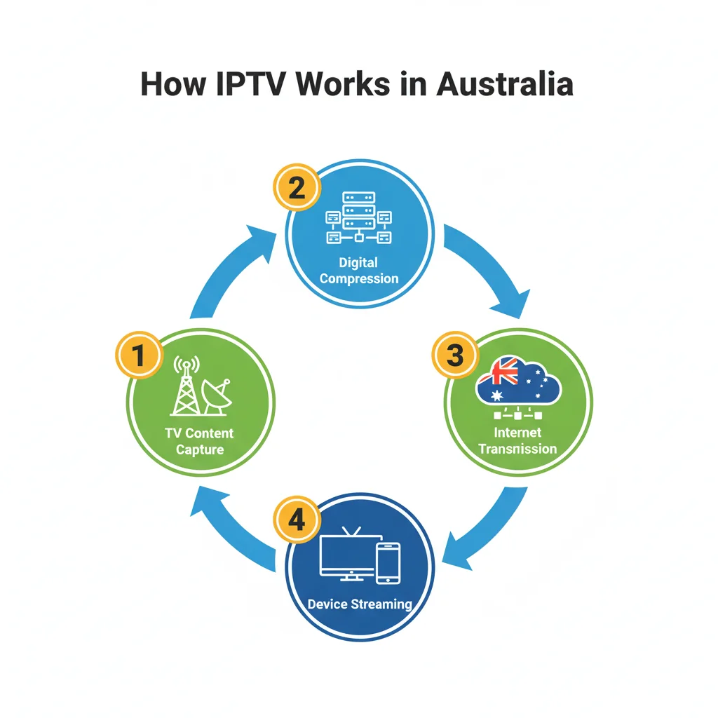 Educational infographic showing how IPTV technology delivers television content through internet in Australia