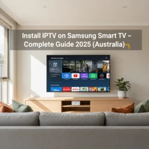 Installing IPTV on Samsung Smart TV in Australia – step-by-step setup guide showing Samsung TV apps and IPTV interface.