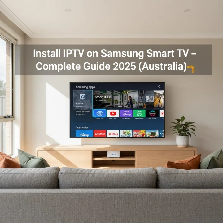Installing IPTV on Samsung Smart TV in Australia – step-by-step setup guide showing Samsung TV apps and IPTV interface.