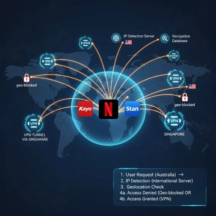 Technical illustration showing how IPTV data travels internationally through global servers, VPN tunnels, and ISP routing.