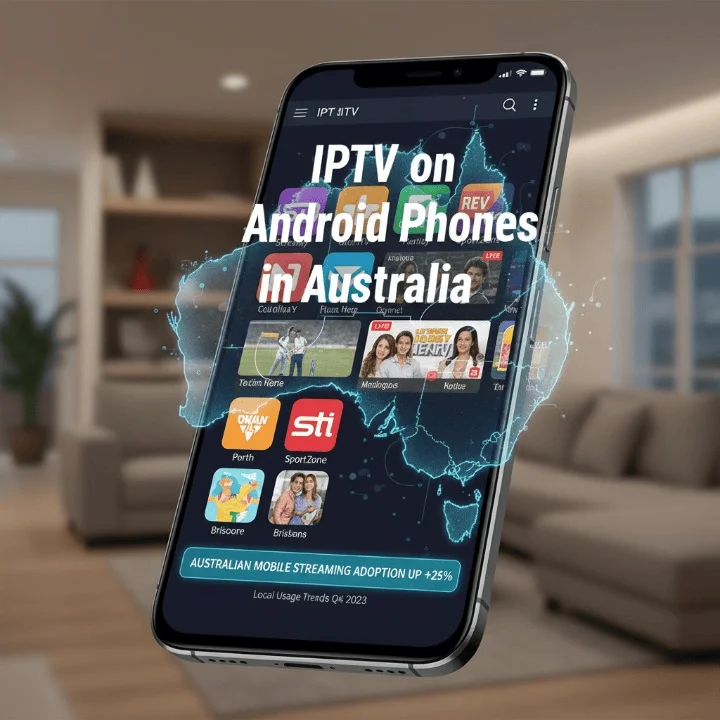 Smartphone displaying an IPTV app interface with Australian map overlay, featuring bold text "IPTV on Android Phones in Australia"