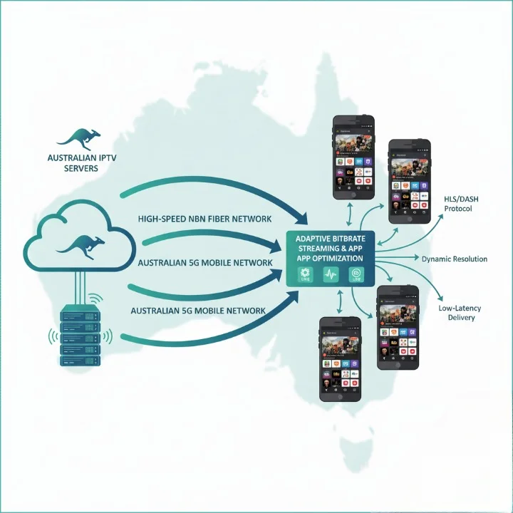 Technical diagram showing IPTV streaming flow on Android phones