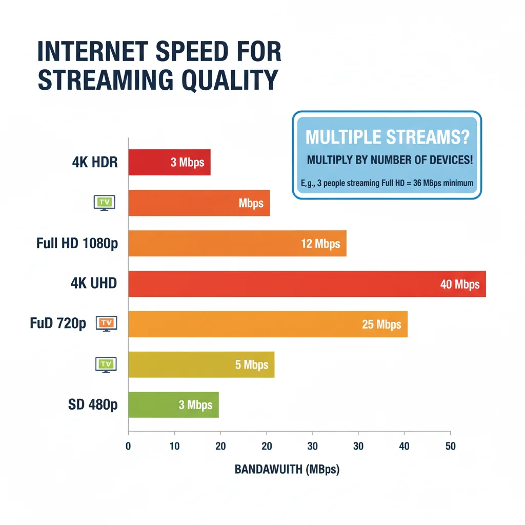 How IPTV works with NBN bandwidth requirements chart showing Mbps needed for SD HD 4K streaming Australia
