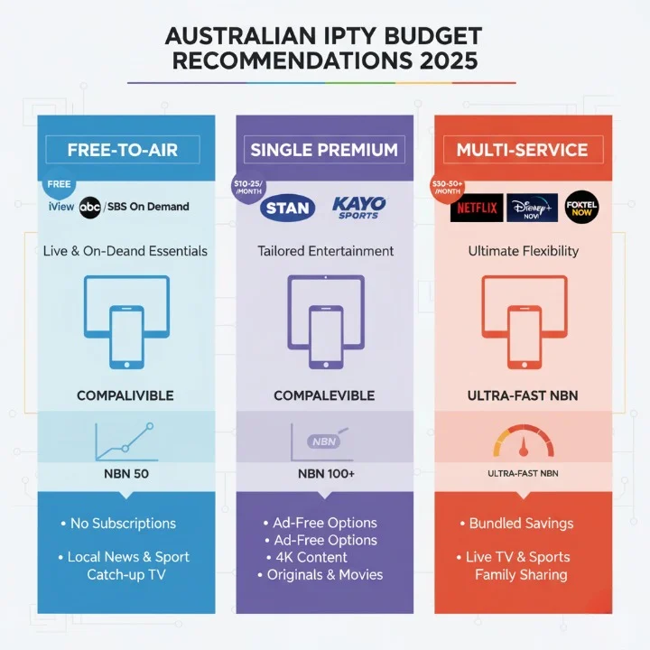 Digital illustration of IPTV interface showing budget-based subscription tiers in Australia 2025, highlighting free, mid-range, and premium options with NBN connectivity icons.
