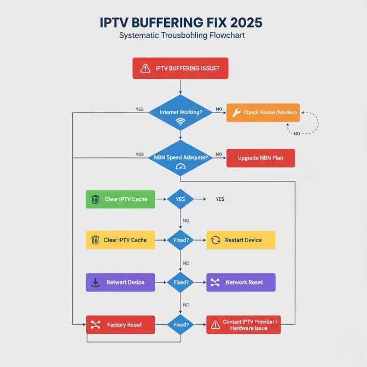 IPTV buffering fix 2025 troubleshooting flowchart showing systematic diagnostic steps from internet check to factory reset for Australian users