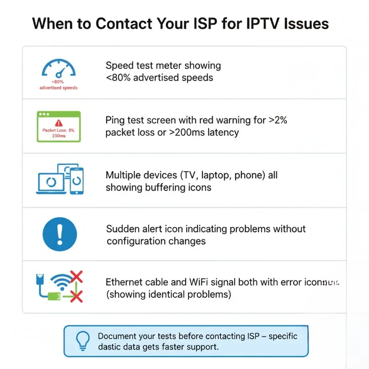 Infographic showing when to contact your ISP for IPTV issues in Australia, including speed drops, high latency, multiple devices affected, and identical wired/wireless problems.