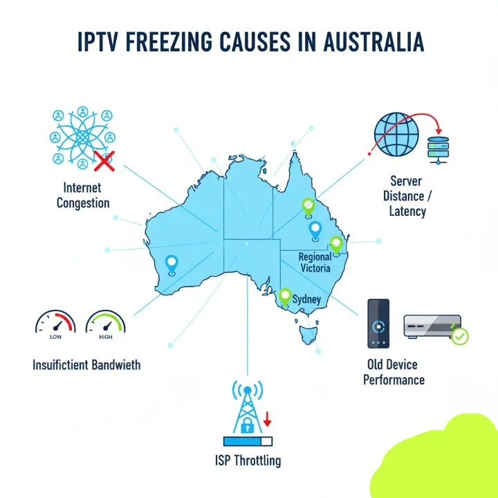 Infographic explaining causes of IPTV freezing in Australia, including network congestion, bandwidth limits, server distance, device performance, and ISP throttling.