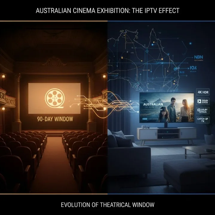 Infographic comparing traditional Australian cinema and IPTV home viewing — showing the shrinking theatrical window, rise of 4K HDR streaming, and Dolby Atmos home experiences.