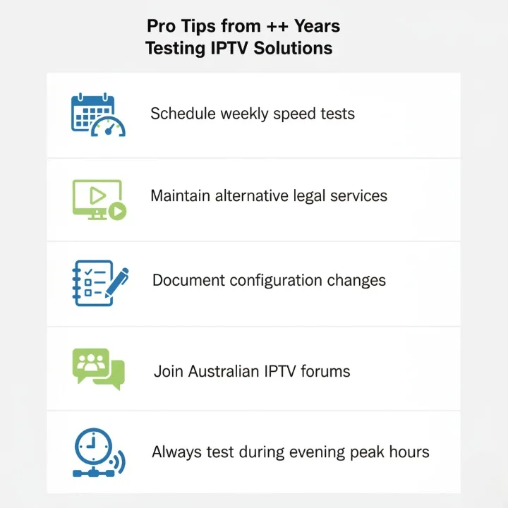 Infographic showing 5 expert tips for fixing IPTV freezing in Australia: regular speed tests, backup services, documenting changes, joining IPTV communities, and peak-hour testing.
