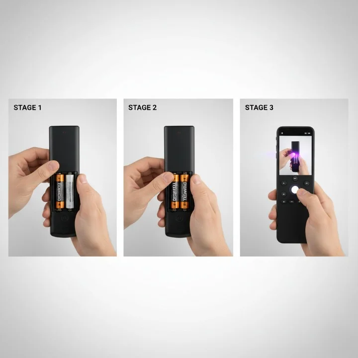Step-by-step process showing battery replacement and testing for IPTV remote control
