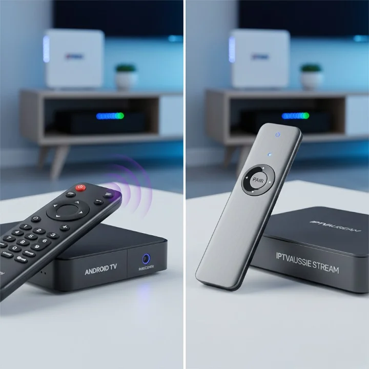 IPTV remote not working troubleshooting guide showing IR and Bluetooth remotes with IPTV box in Australian living room