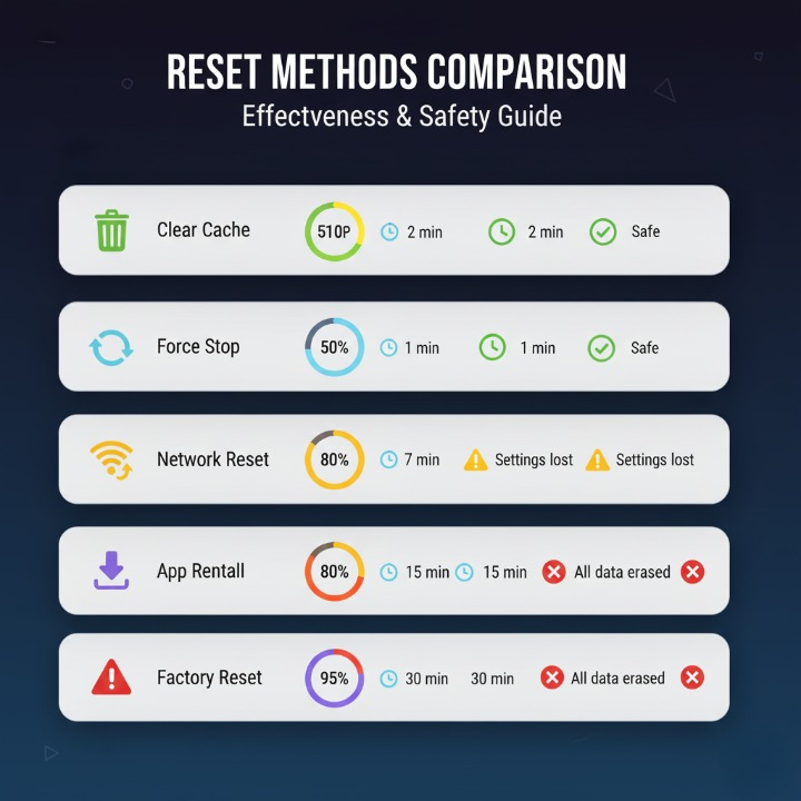 IPTV reset methods comparison chart displaying six techniques from cache clearing to factory reset with success rates and data loss indicators