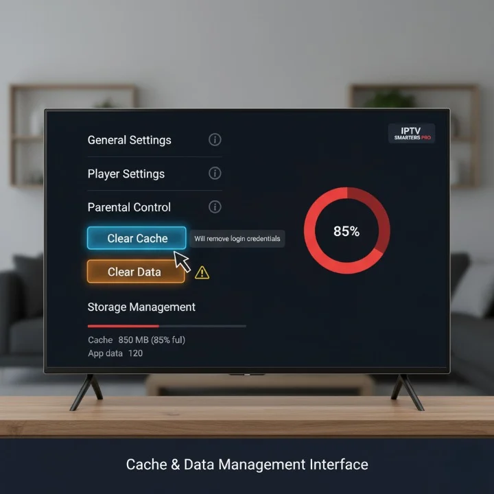 IPTV Smarters Pro app settings screen showing clear cache and clear data reset options with storage usage indicators on Android TV