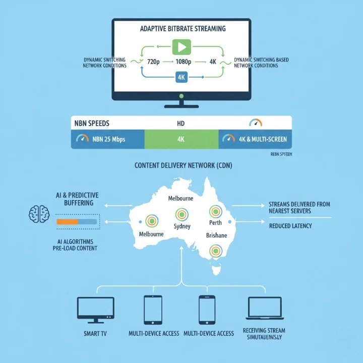Infographic showing how legal IPTV delivers high-quality sports streams in Australia via adaptive bitrate, AI-powered recommendations, NBN networks, and CDNs.
