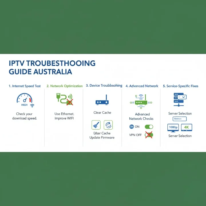 Infographic showing step-by-step IPTV troubleshooting solutions in Australia, including internet testing, wired connection setup, device updates, network configuration, and server selection.