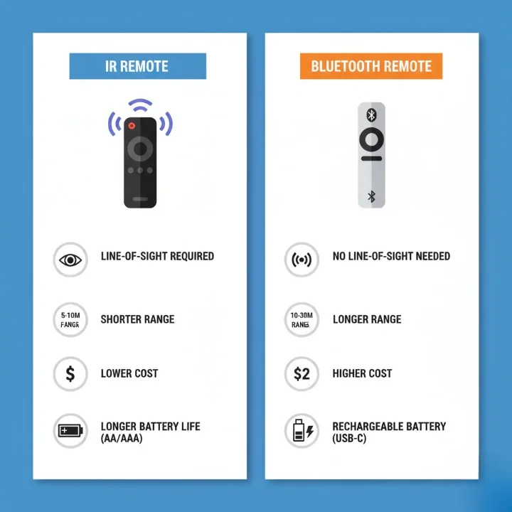 Visual comparison chart showing IR remote versus Bluetooth remote technology for IPTV boxes