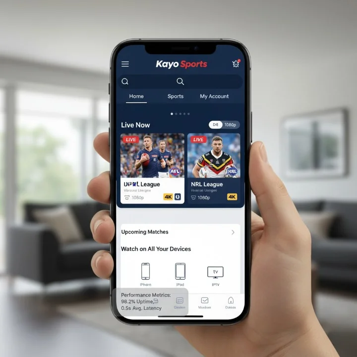 Kayo Sports IPTV app interface on iPhone 15 Pro showing live AFL and NRL matches, 1080p quality indicators, multi-device support badges, and 98.2% uptime performance metric