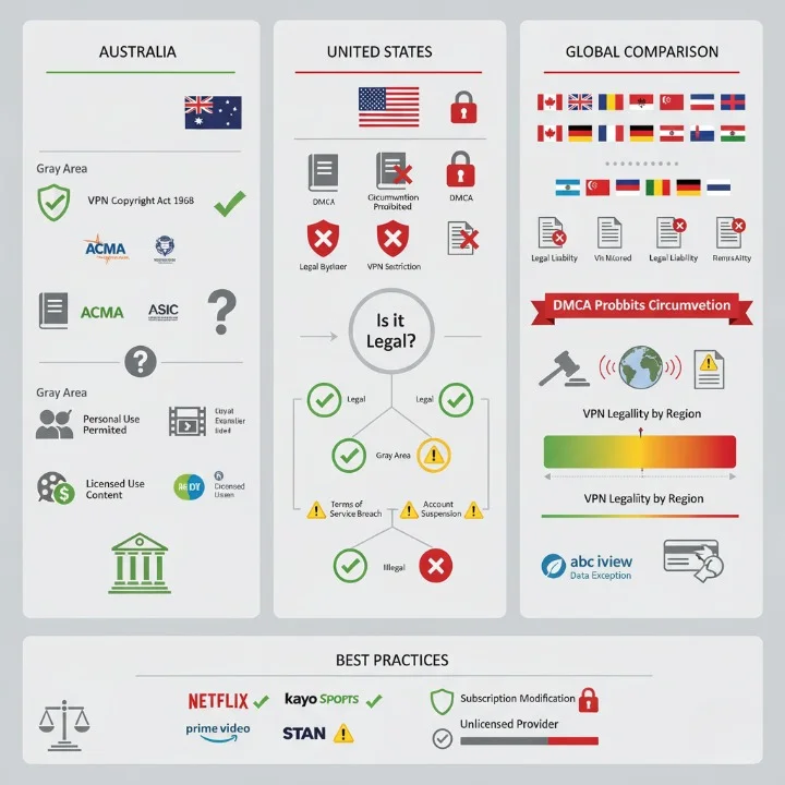 Legal IPTV compliance infographic: Comparison of copyright laws and VPN legality between Australia, United States DMCA, and global jurisdictions. Shows legal international IPTV access options, copyright licensing, terms of service implications, and best practices for Australians watching IPTV legally while travelling internationally