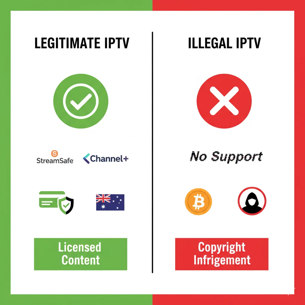 Visual comparison showing differences between legal and illegal IPTV services in Australia