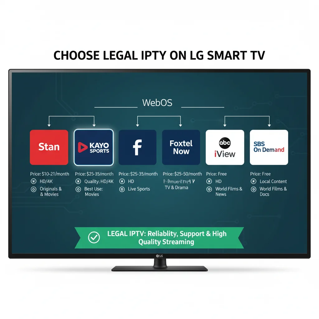 Visual comparison of official IPTV services on LG Smart TV, showing logos of Stan, Kayo Sports, Foxtel Now, ABC iView, and SBS On Demand with price and quality indicators.