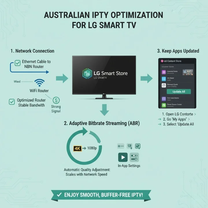 Illustration showing LG Smart TV connected via Ethernet and Wi-Fi, with adaptive bitrate streaming indicators and app update icons.