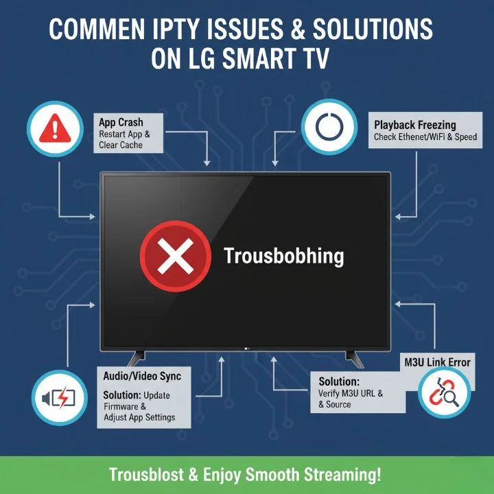 Illustration showing common IPTV issues on LG Smart TV: app crashes, buffering, audio-video sync problems, and M3U playlist import errors, with corresponding solutions icons.