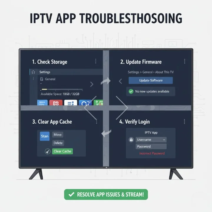 Technical illustration showing LG Smart TV troubleshooting steps: storage check, firmware update, app cache clearing, and login verification.
