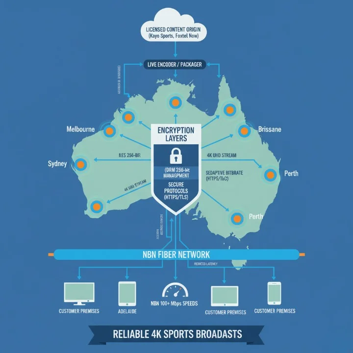 Diagram showing how licensed IPTV infrastructure delivers secure, high-quality sports streaming through ACMA-regulated servers and encrypted data channels in Australia.