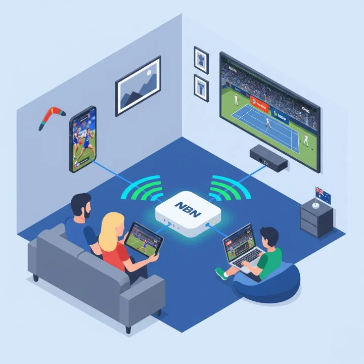 Household multi-device setup showing iPhone, iPad, Mac, and Apple TV simultaneously streaming different sports via legal IPTV apps on iOS, all connected to NBN router