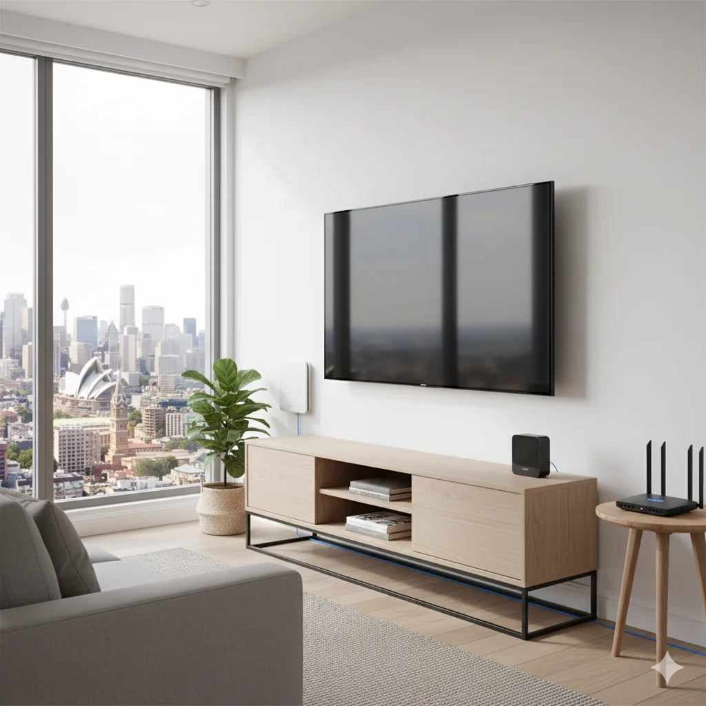 NBN box in rental apartments Australia showing clean IPTV streaming setup in modern apartment living room