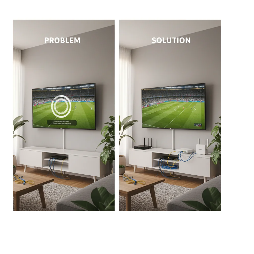 IPTV troubleshooting process showing connection issues and fixes