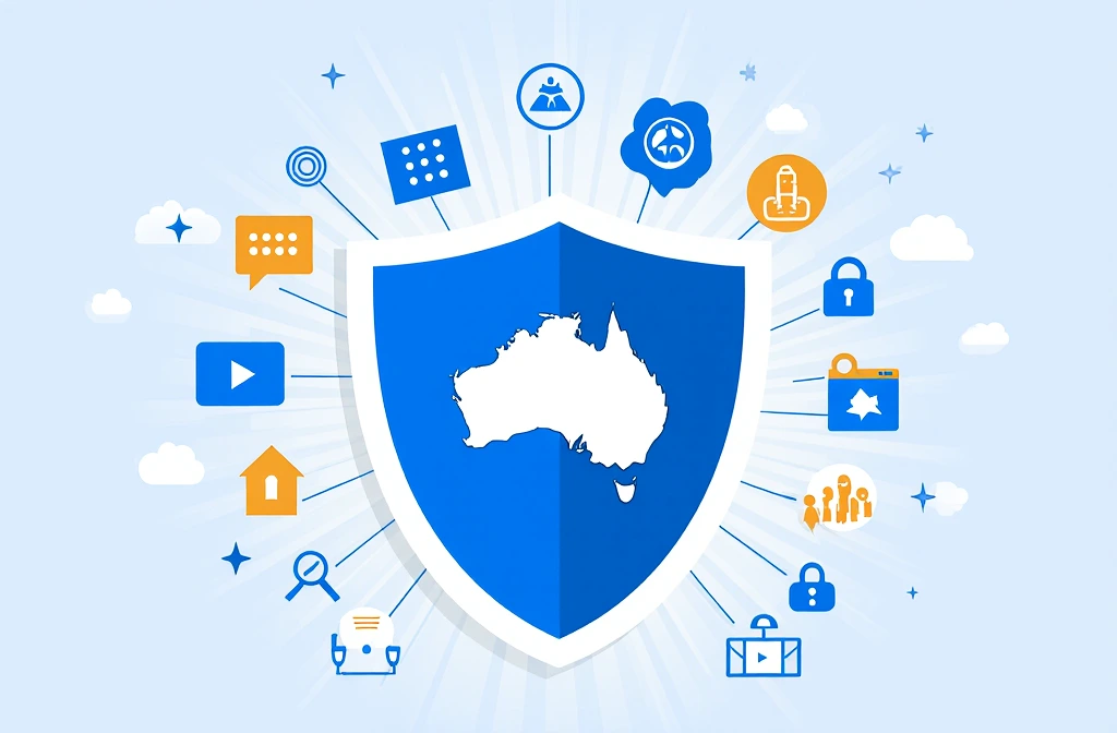 Shield protecting Australian household from digital threats, legal IPTV symbols, security icons, trust indicators, professional infographic style, reassuring aesthetic.