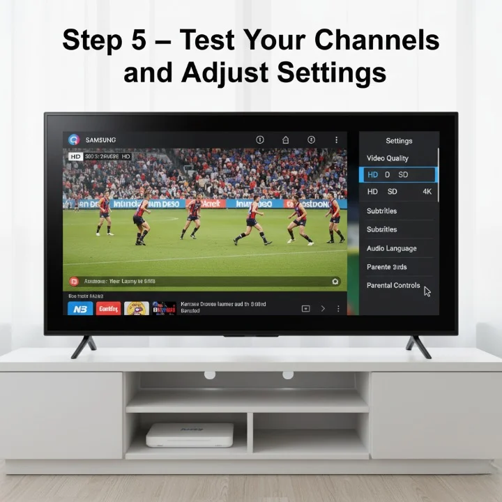 Testing IPTV channels and adjusting settings on Samsung Smart TV