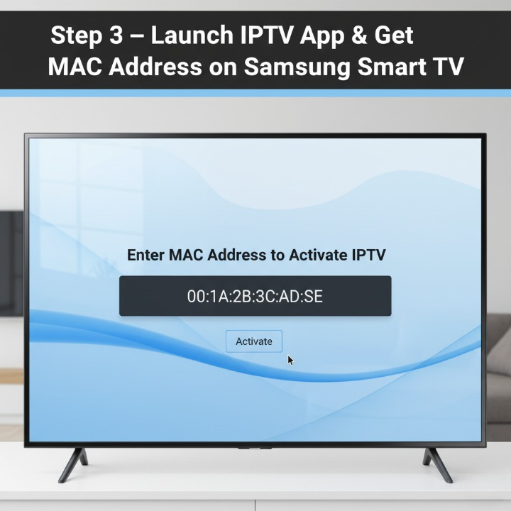 MAC address screen for activating IPTV on Samsung Smart TV