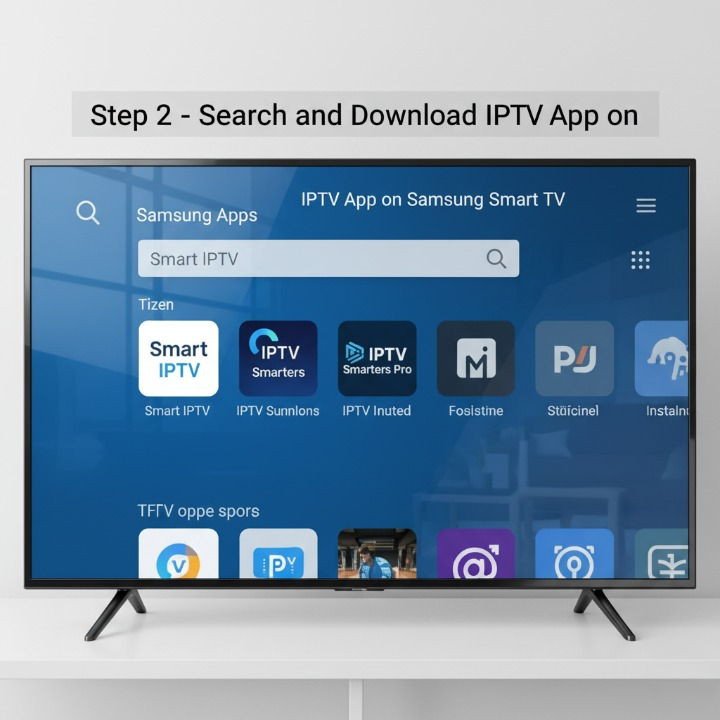 Search for Smart IPTV or IPTV Smarters Pro on Samsung Smart TV using the Samsung Apps Store